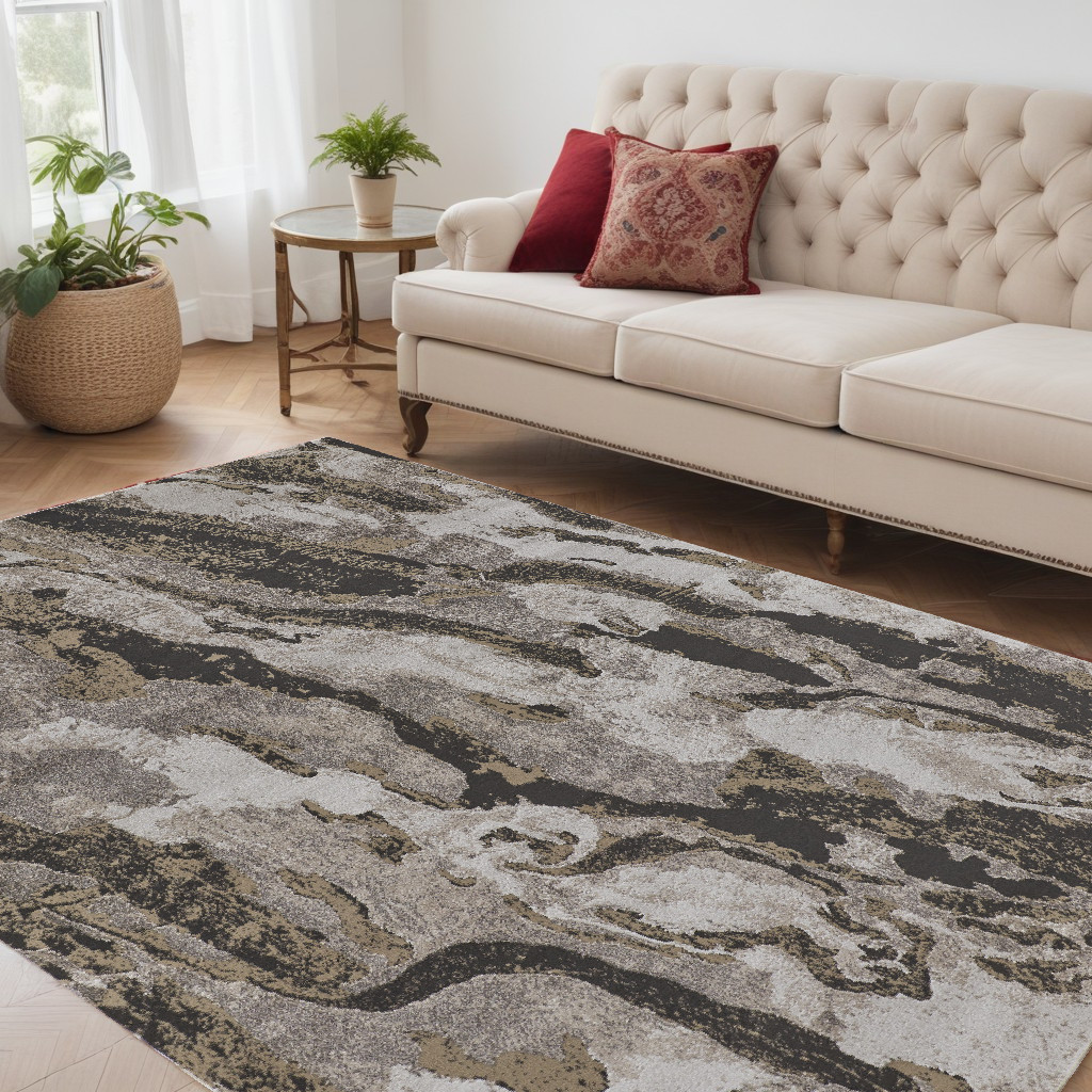 5" X 8" Brown and Ivory Abstract Power Loom Distressed Area Rug