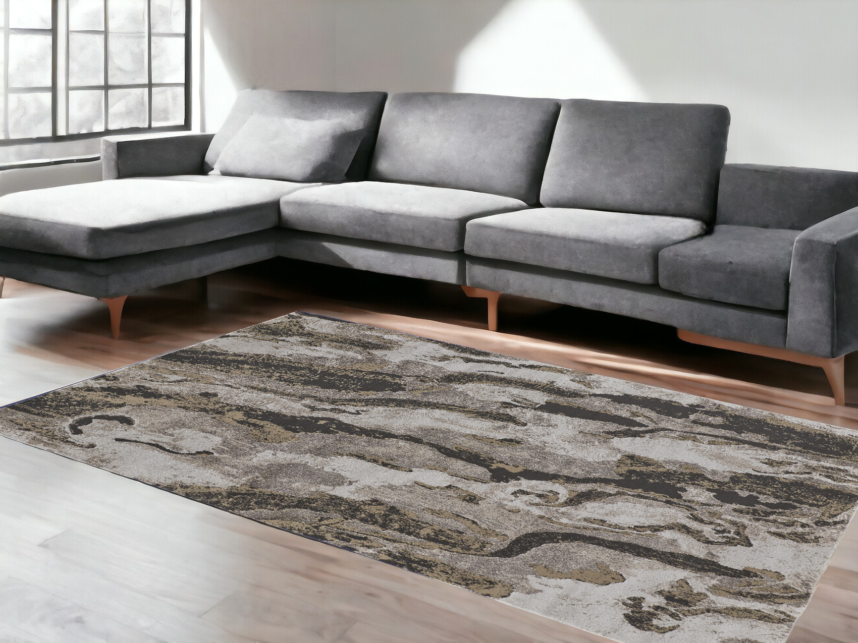 7" X 10" Brown and Ivory Abstract Power Loom Distressed Area Rug