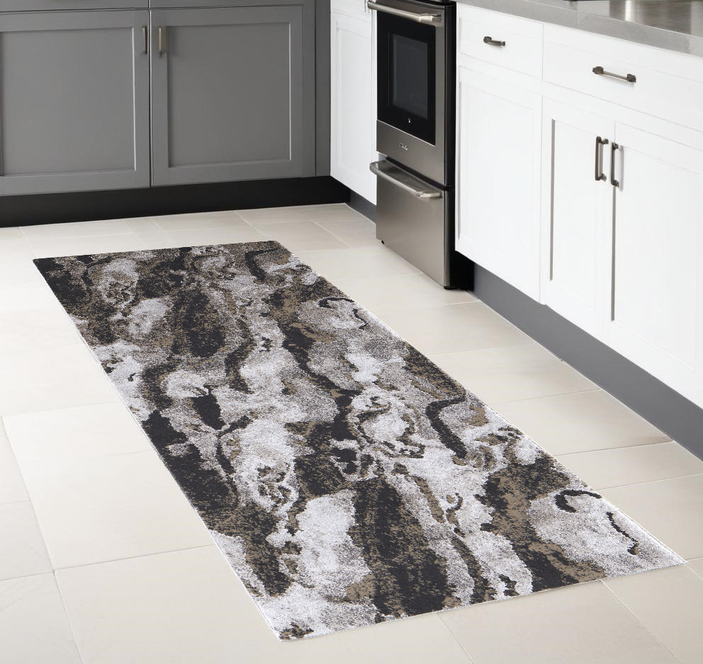 8" Runner Gray and Ivory Abstract Power Loom Runner Rug