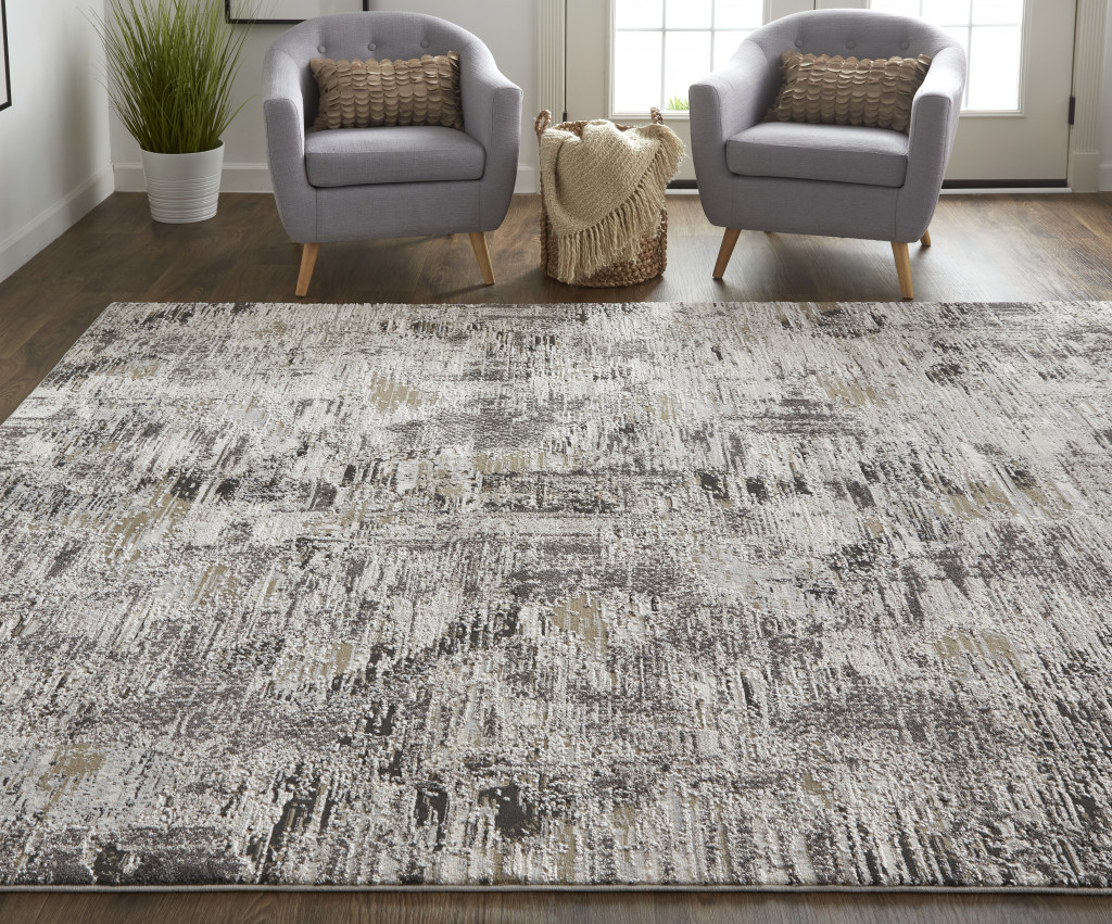 4 X 6 Ivory gray And Brown Abstract Power Loom Distressed Stain Resistant Area Rug