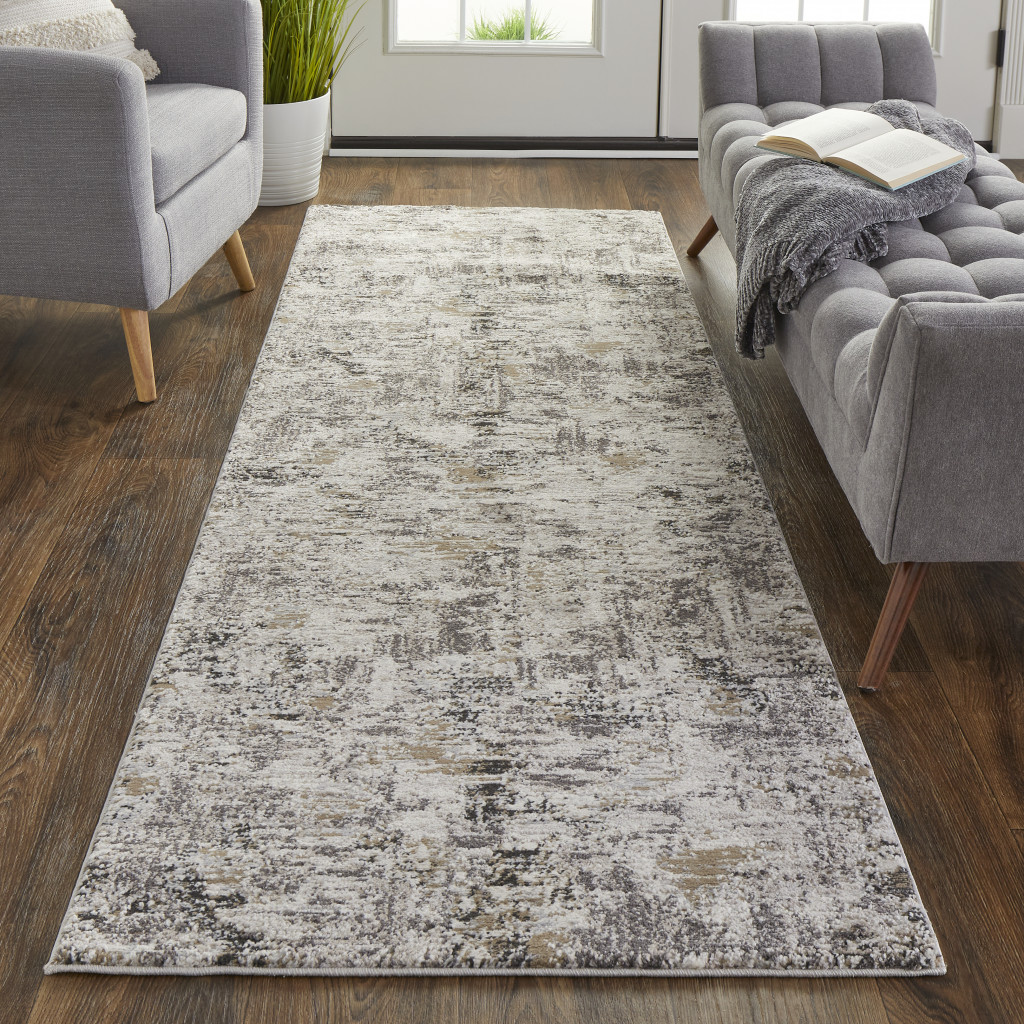 8" Runner Gray and Ivory Abstract Power Loom Distressed Runner Rug