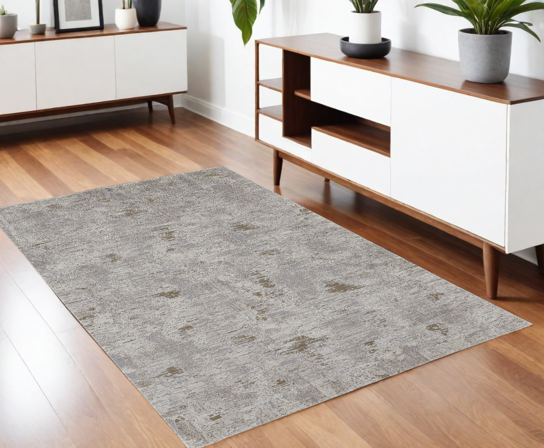 4" X 6" Gray and Ivory Abstract Power Loom Distressed Area Rug