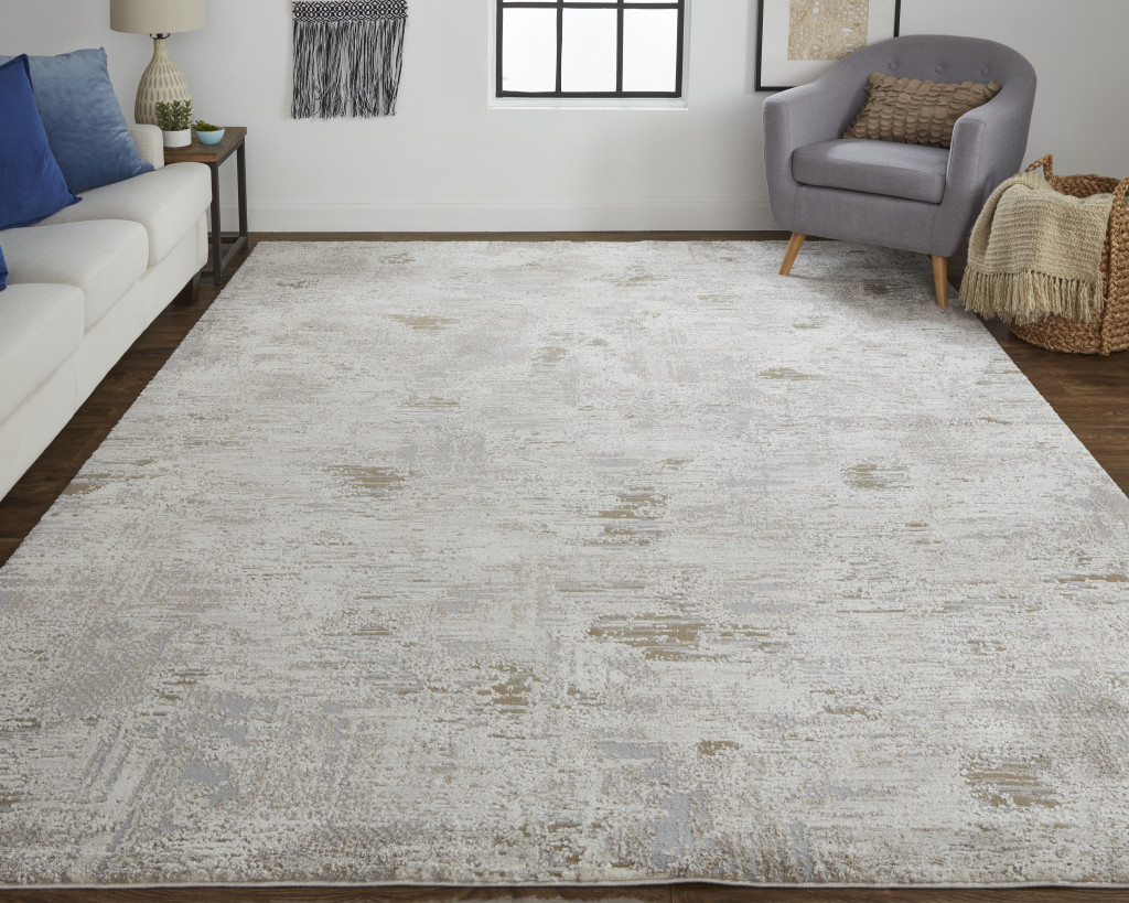 9" X 12" Gray and Ivory Abstract Power Loom Distressed Area Rug
