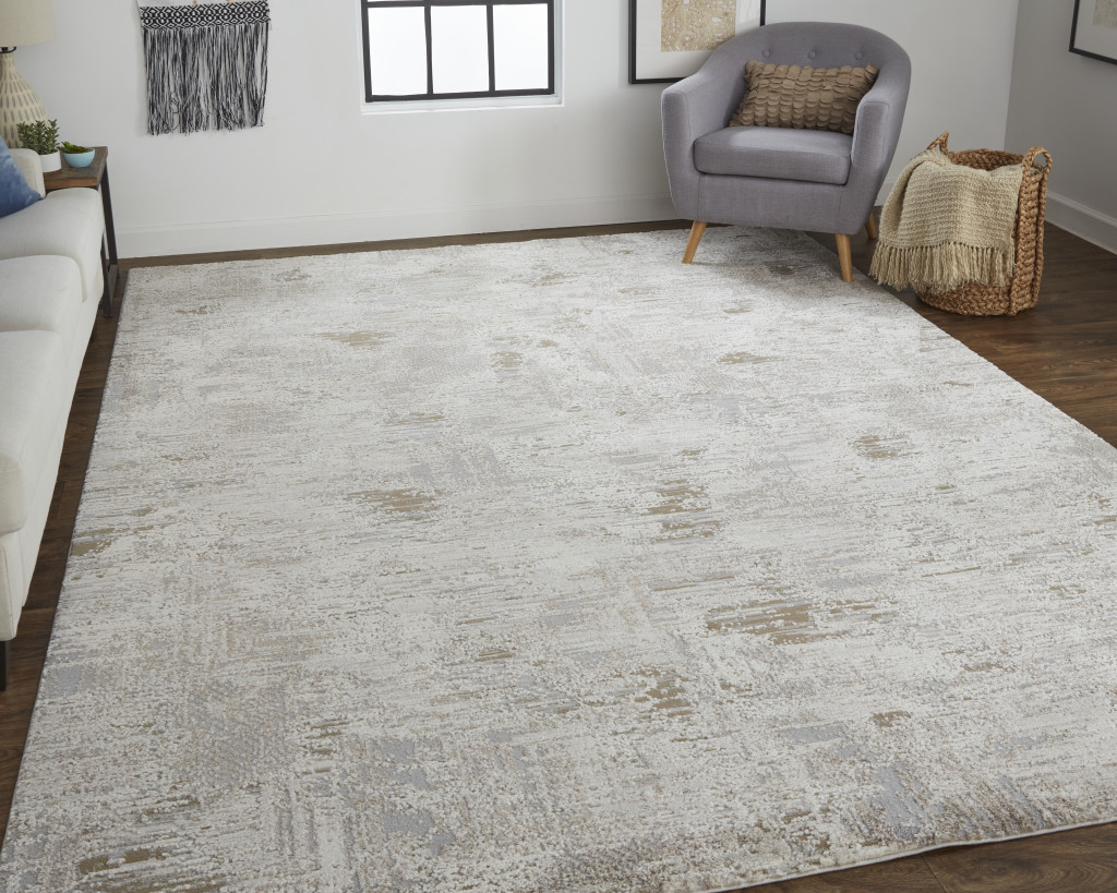 9" X 12" Gray and Ivory Abstract Power Loom Distressed Area Rug