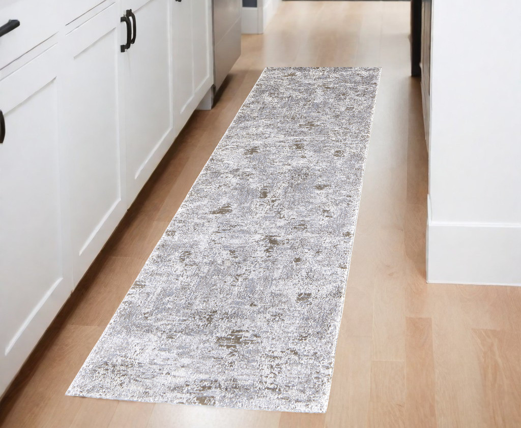 8" Runner Gray and Ivory Abstract Power Loom Distressed Runner Rug