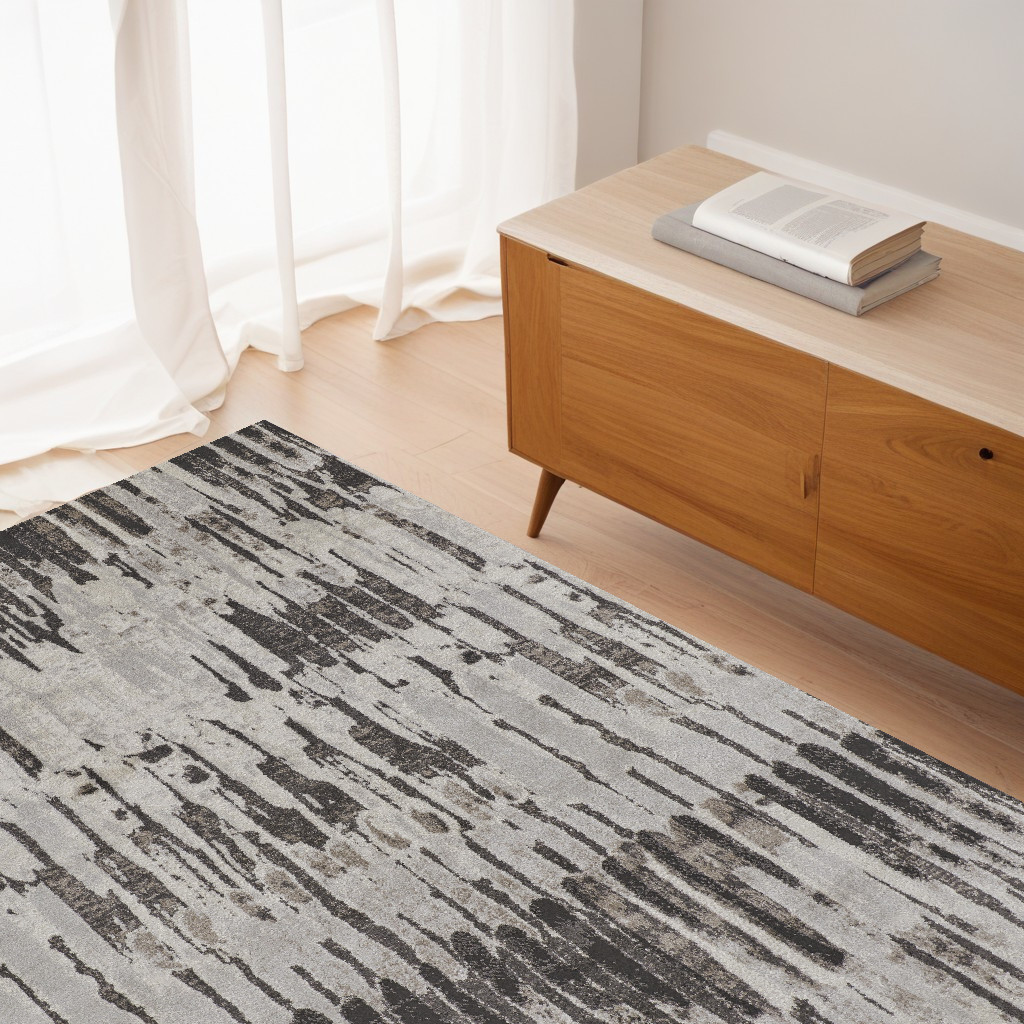 4" X 6" Gray and Ivory Abstract Power Loom Area Rug