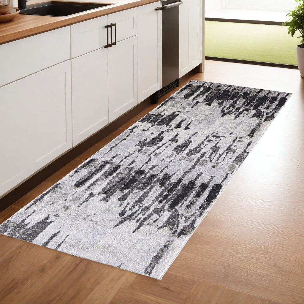 8" Runner Gray and Ivory Abstract Power Loom Runner Rug