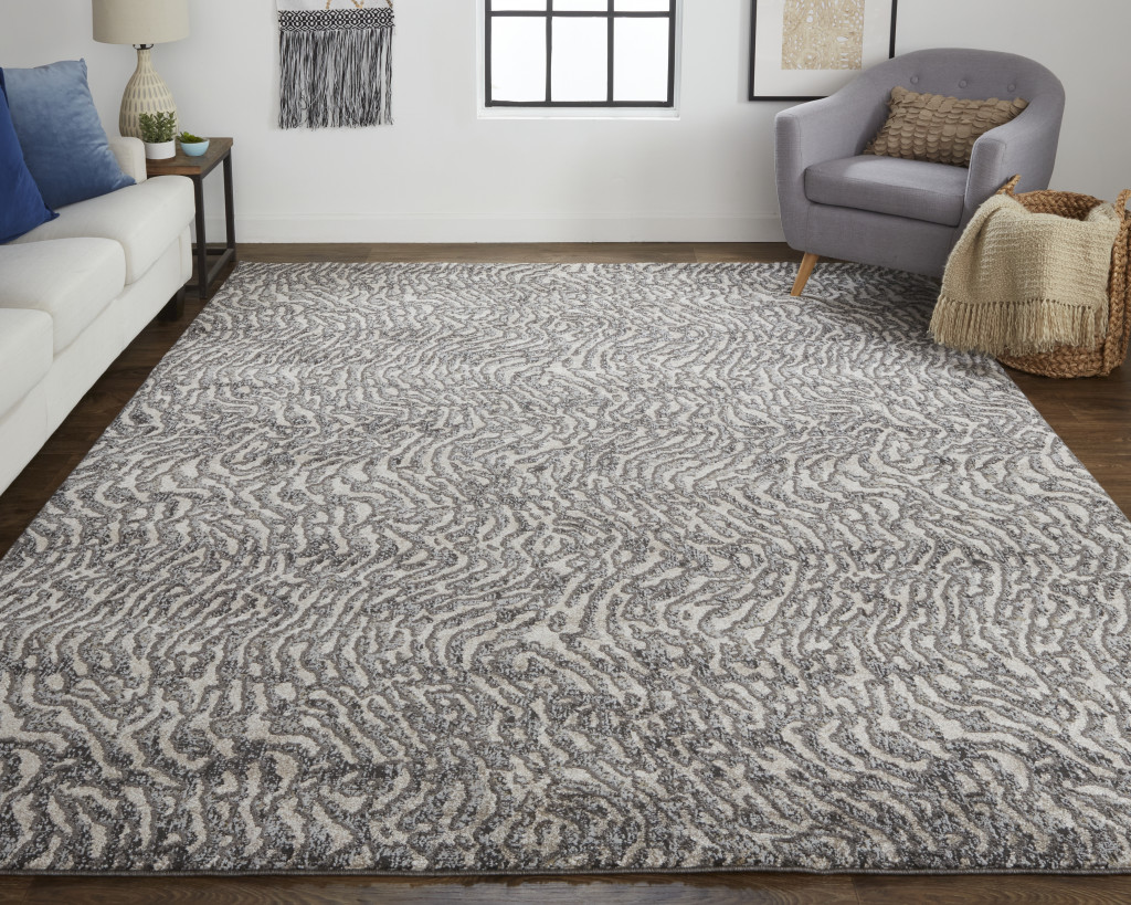 8" X 10" Gray and Ivory Abstract Power Loom Area Rug