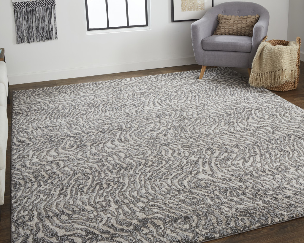 8" X 10" Gray and Ivory Abstract Power Loom Area Rug