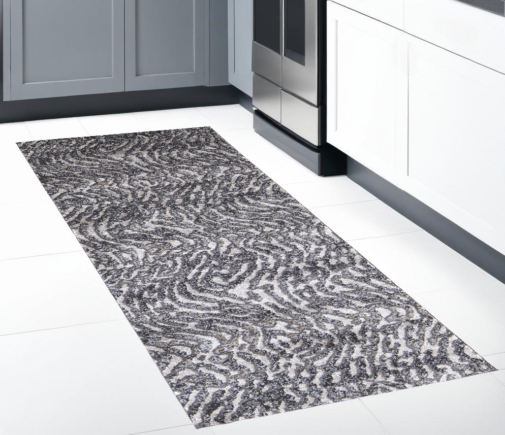 8" Runner Gray and Ivory Abstract Power Loom Runner Rug