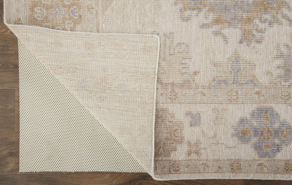 4 X 6 Ivory Tan And Blue Floral Hand Knotted Stain Resistant Area Rug