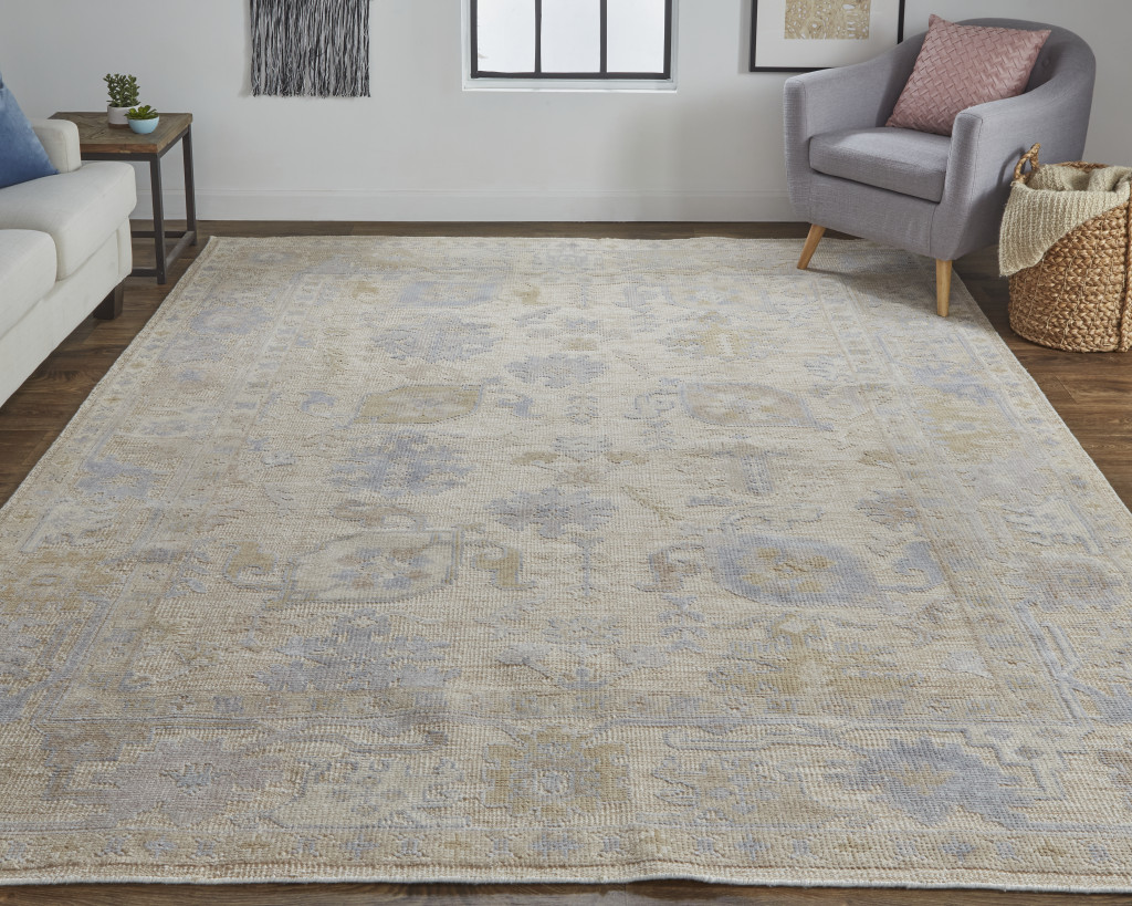5 X 8 Tan Orange And Blue Floral Hand Knotted Stain Resistant Area Rug