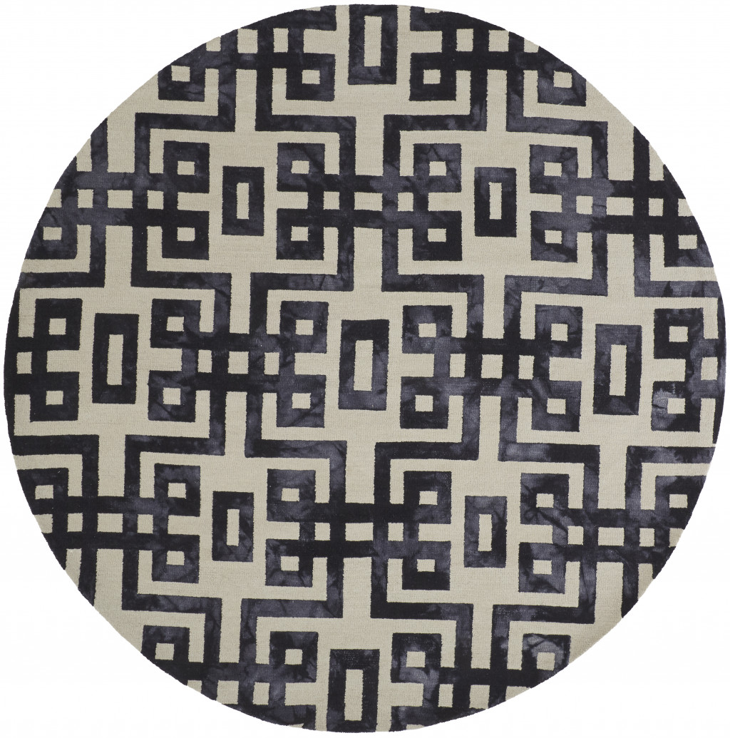 10" Ivory And Black Round Wool Tufted Handmade Stain Resistant Area Rug