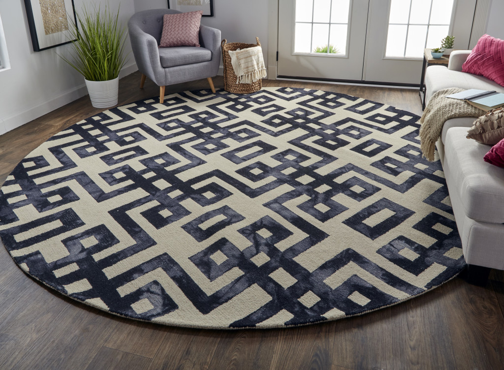 10" Ivory And Black Round Wool Tufted Handmade Stain Resistant Area Rug