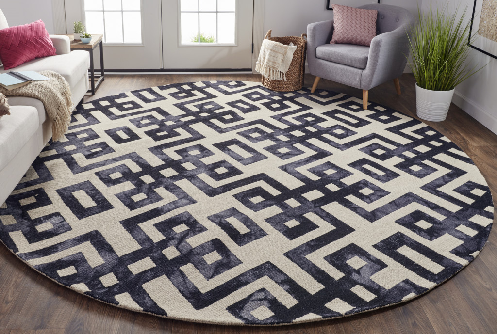 10" Ivory And Black Round Wool Tufted Handmade Stain Resistant Area Rug