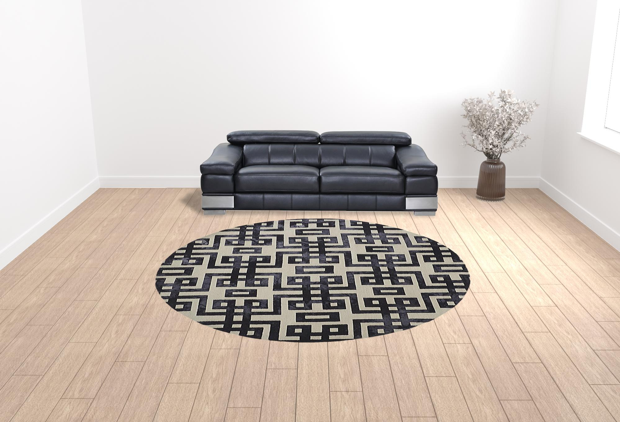 10" Ivory And Black Round Wool Tufted Handmade Stain Resistant Area Rug