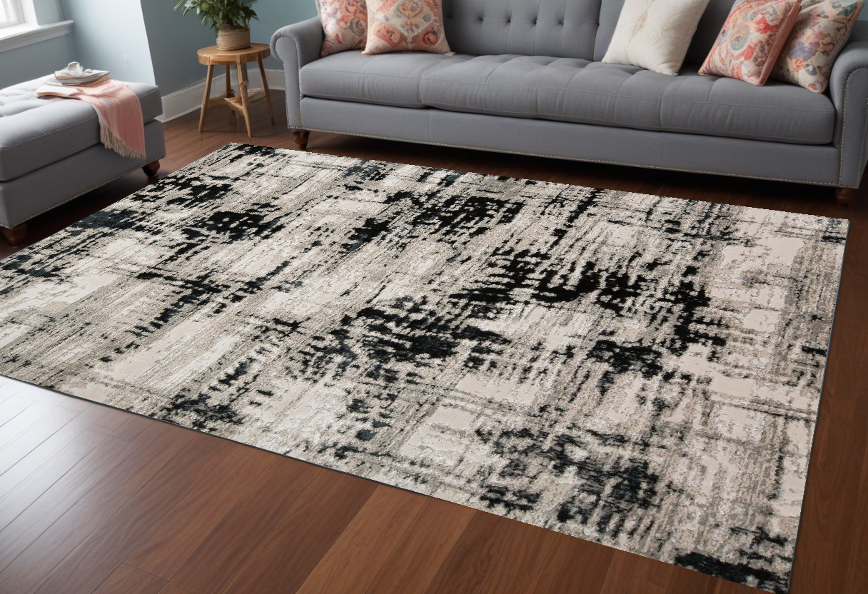 10" X 13" Black White And Gray Stain Resistant Area Rug
