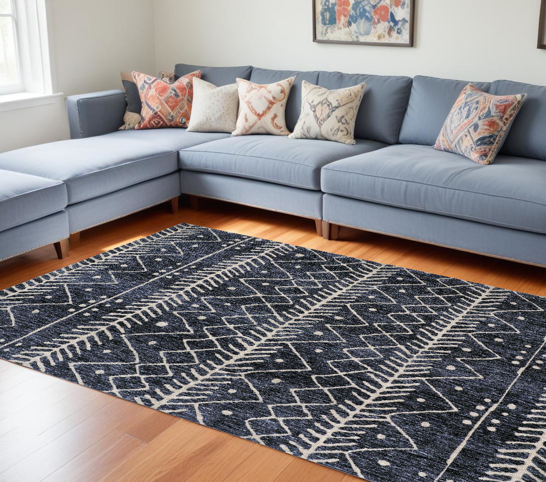10" X 13" Blue And Ivory Striped Stain Resistant Area Rug