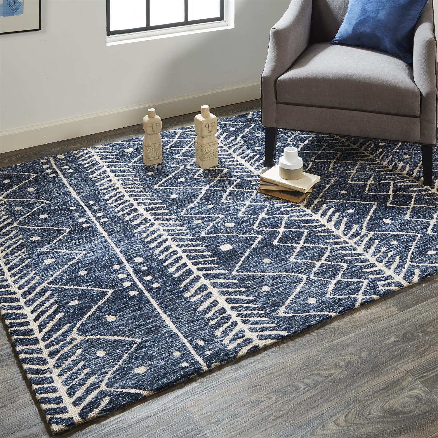 10" X 13" Blue And Ivory Striped Stain Resistant Area Rug
