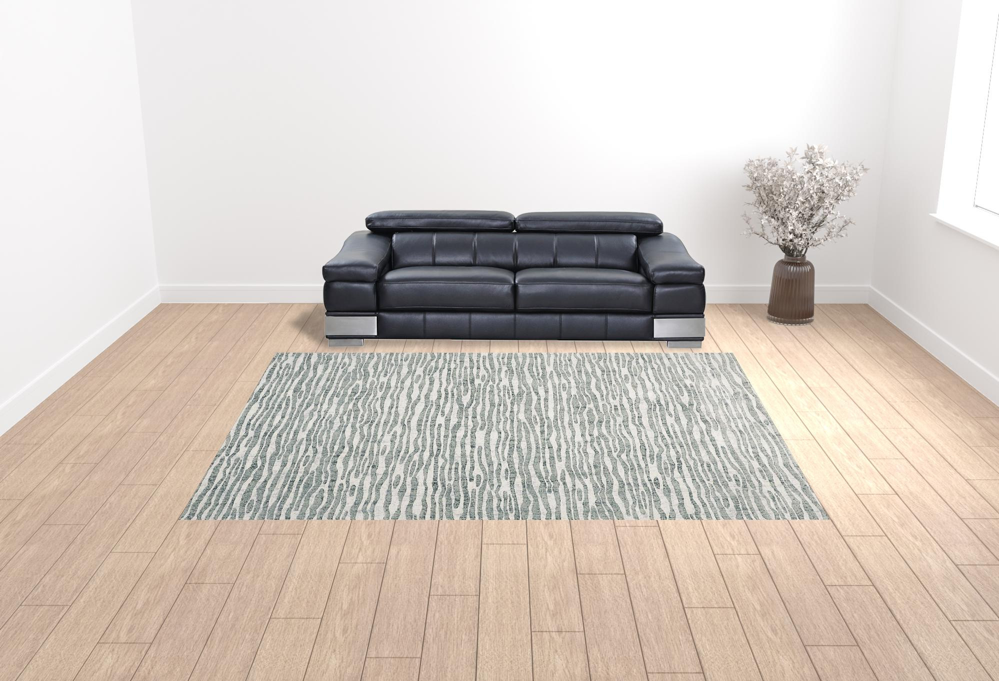 10" X 13" Gray Green And Ivory Striped Distressed Stain Resistant Area Rug
