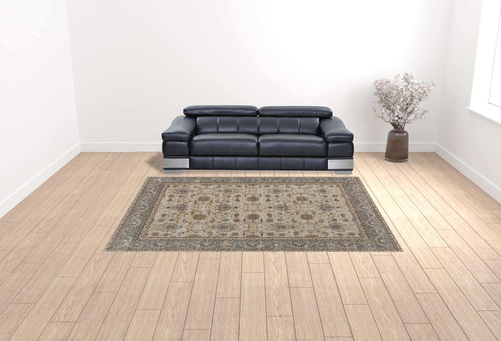 9" X 12" Tan Ivory And Gray Power Loom Area Rug