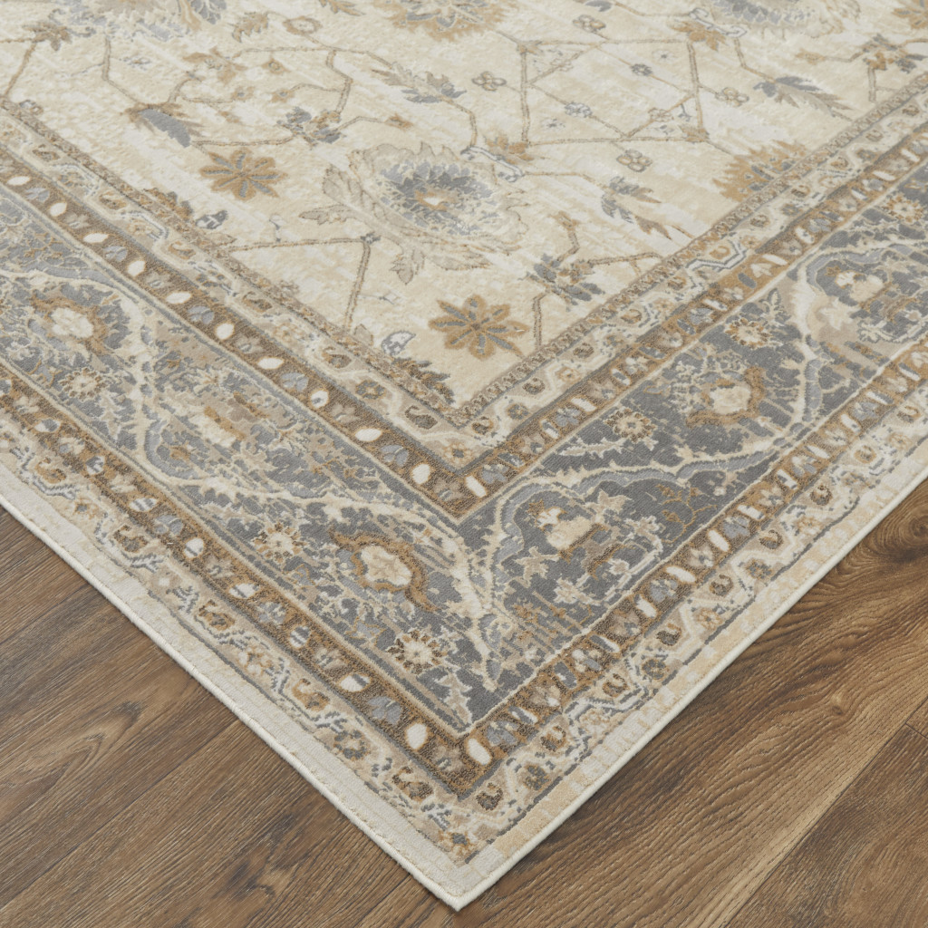 9" X 12" Tan Ivory And Gray Power Loom Area Rug