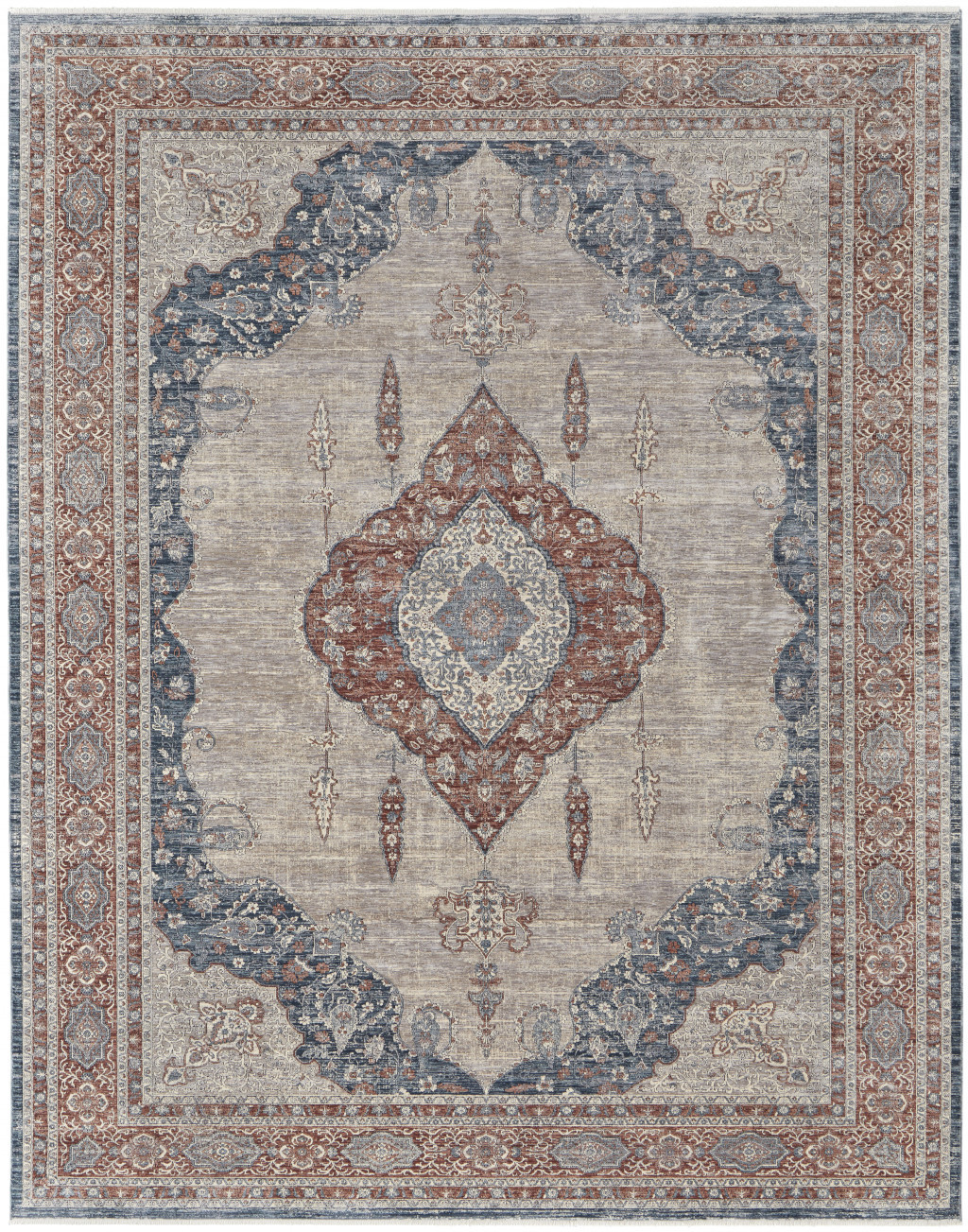4' X 6' Gray Red And Blue Floral Power Loom Stain Resistant Area Rug-515044-1