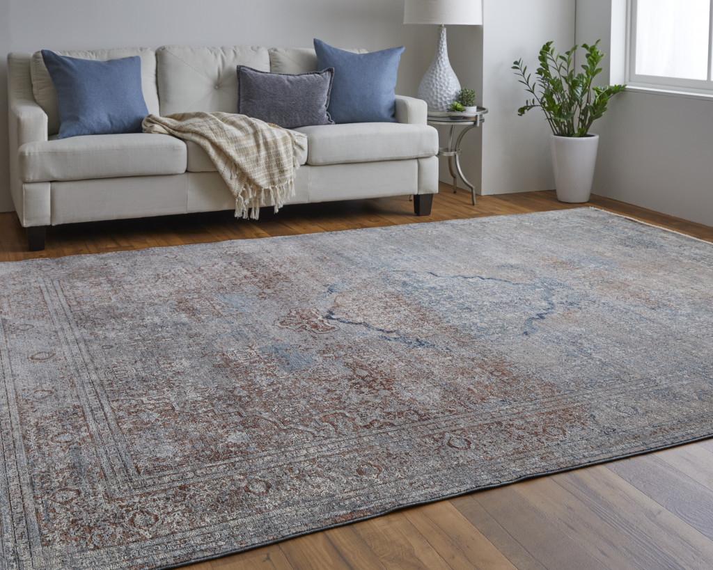 4 X 6 Blue Red And gray Floral Power Loom Stain Resistant Area Rug