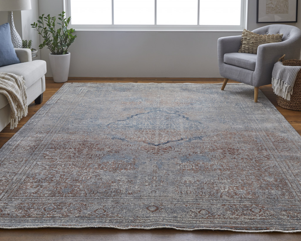 4 X 6 Blue Red And gray Floral Power Loom Stain Resistant Area Rug
