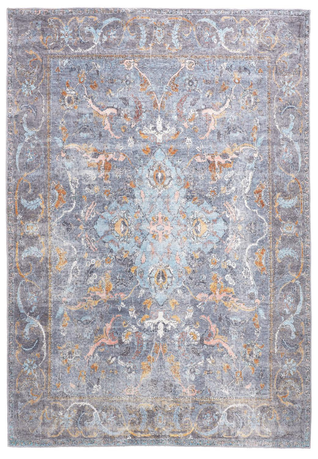 5" X 8" Blue Gray And Orange Floral Area Rug