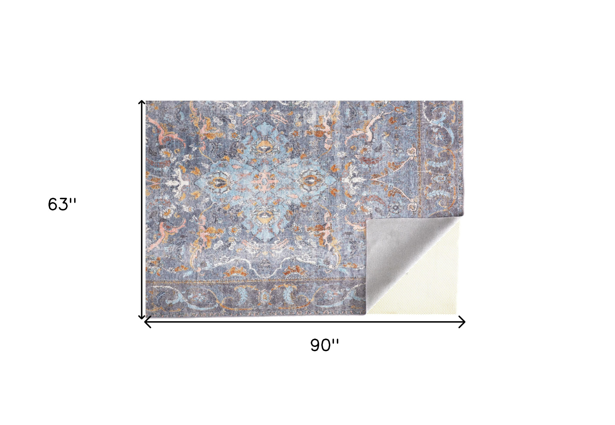 5" X 8" Blue Gray And Orange Floral Area Rug