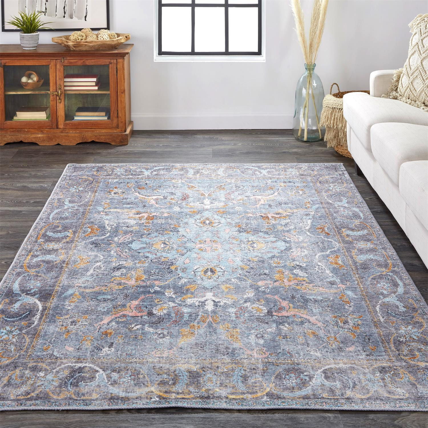 5" X 8" Blue Gray And Orange Floral Area Rug
