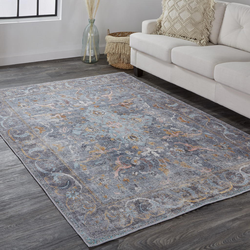 5" X 8" Blue Gray And Orange Floral Area Rug