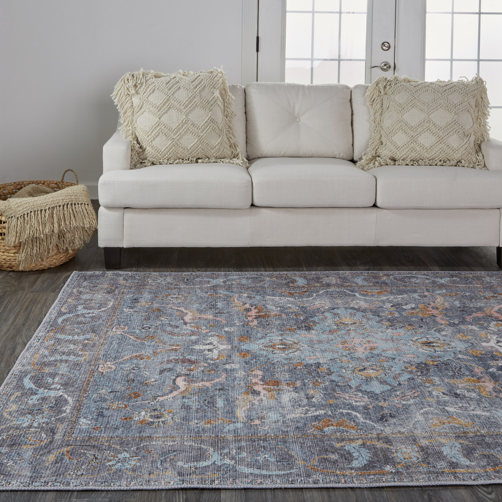 5" X 8" Blue Gray And Orange Floral Area Rug