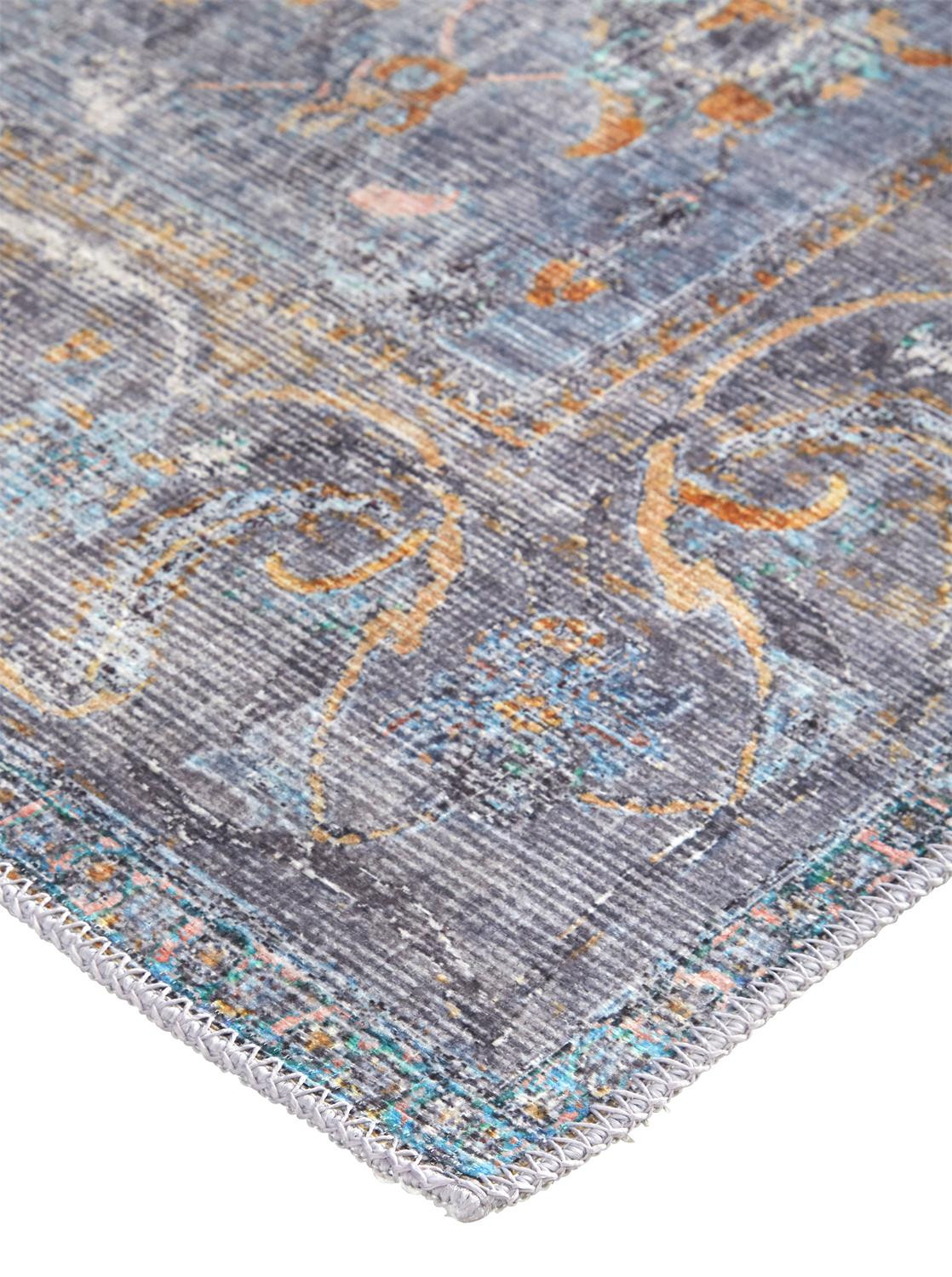 5" X 8" Blue Gray And Orange Floral Area Rug