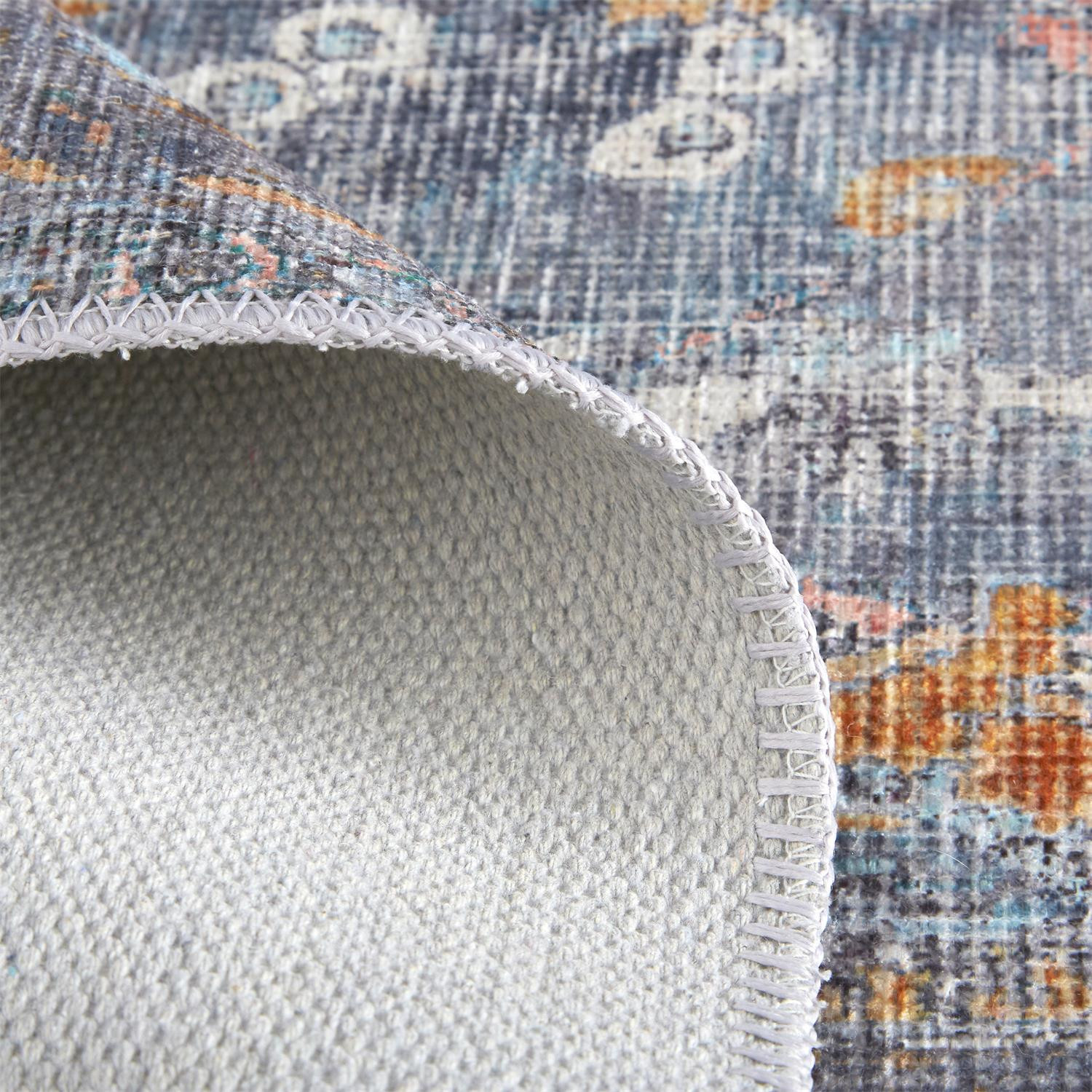 5" X 8" Blue Gray And Orange Floral Area Rug