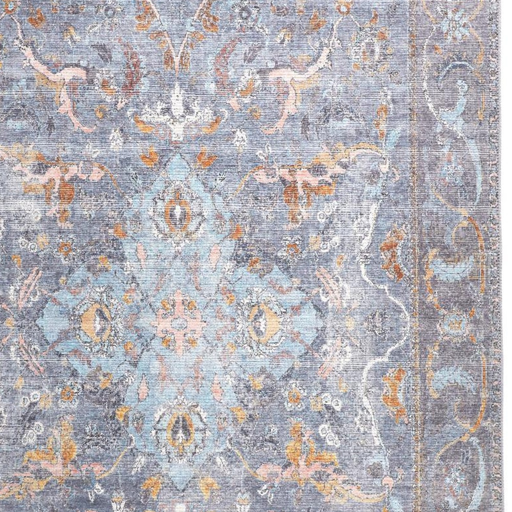 9" X 12" Blue Gray And Orange Floral Area Rug
