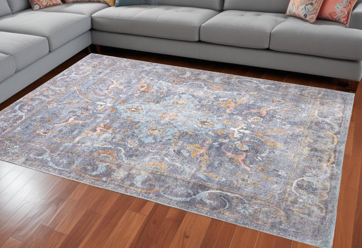 9" X 12" Blue Gray And Orange Floral Area Rug