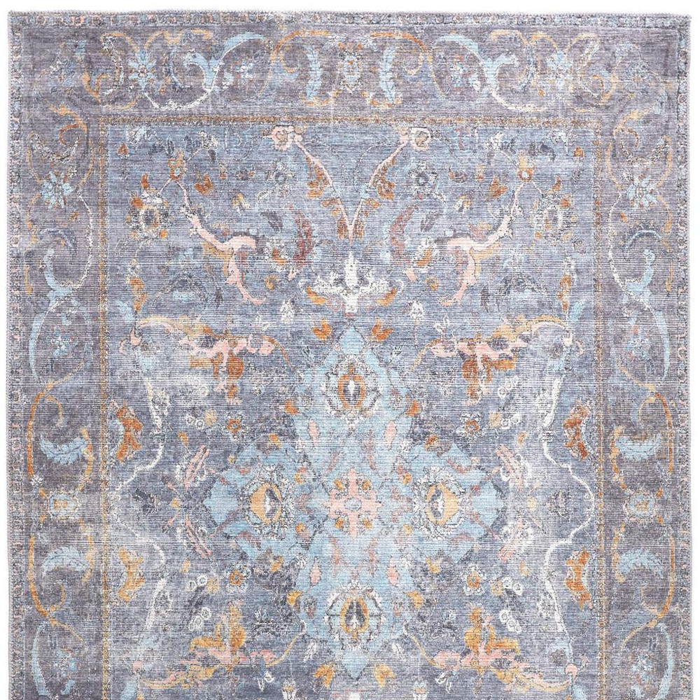 9" X 12" Blue Gray And Orange Floral Area Rug