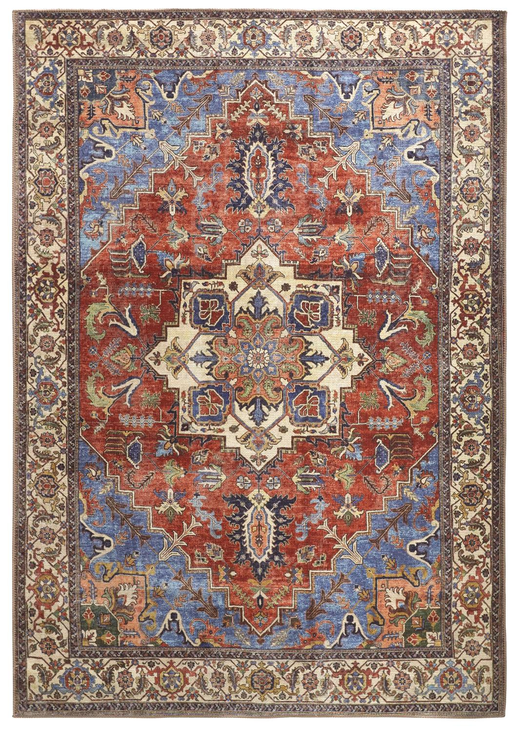 5 X 8 Blue Red And Ivory Floral Area Rug