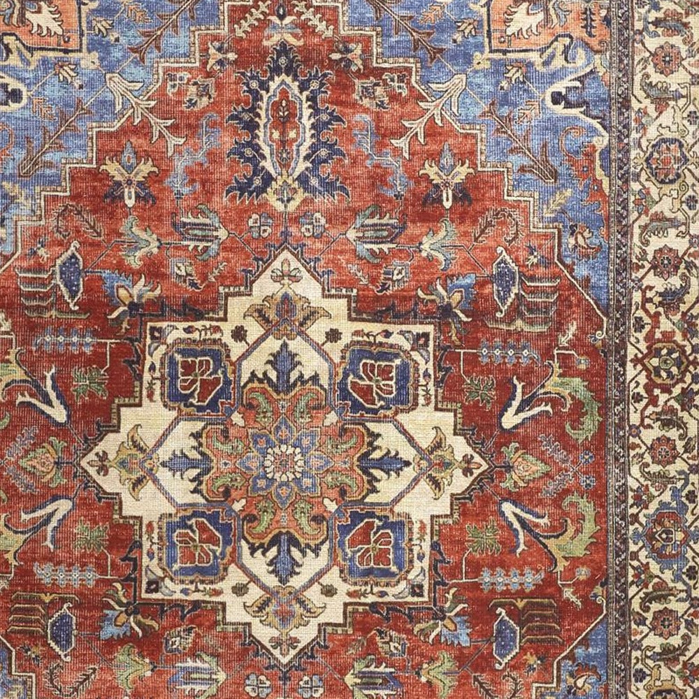 5" X 8" Blue Red And Ivory Floral Area Rug