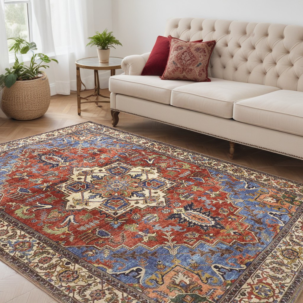 5" X 8" Blue Red And Ivory Floral Area Rug