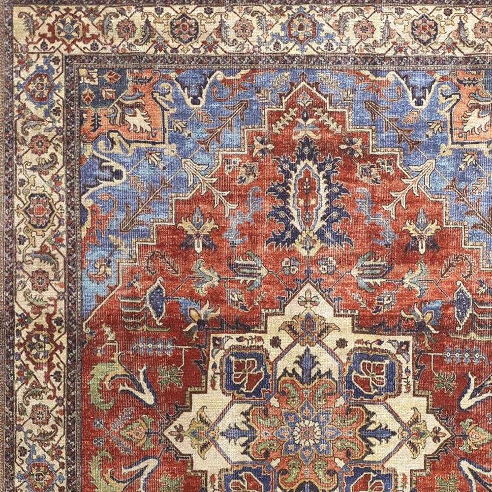 8" X 10" Blue Red And Ivory Floral Area Rug