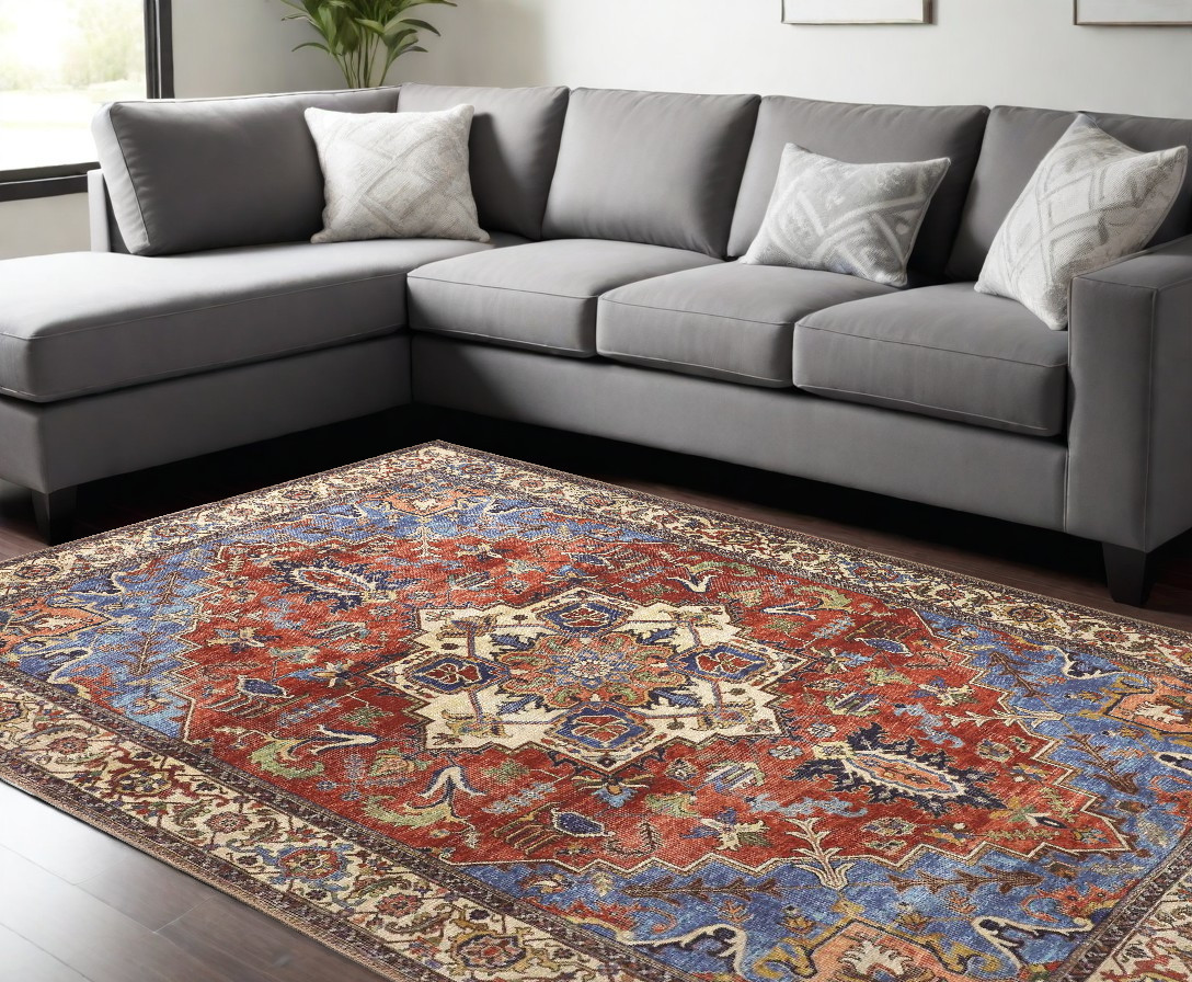 8" X 10" Blue Red And Ivory Floral Area Rug