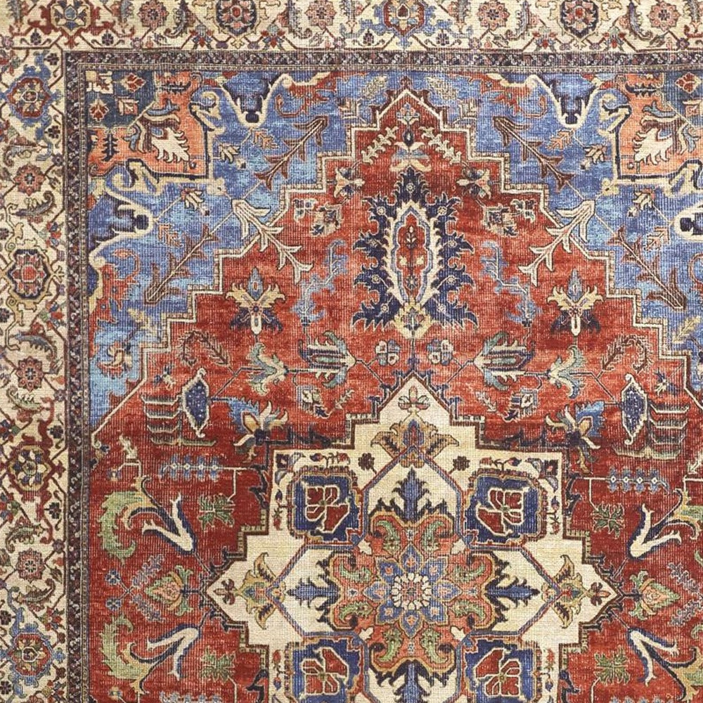 9" X 12" Blue Red And Ivory Floral Area Rug