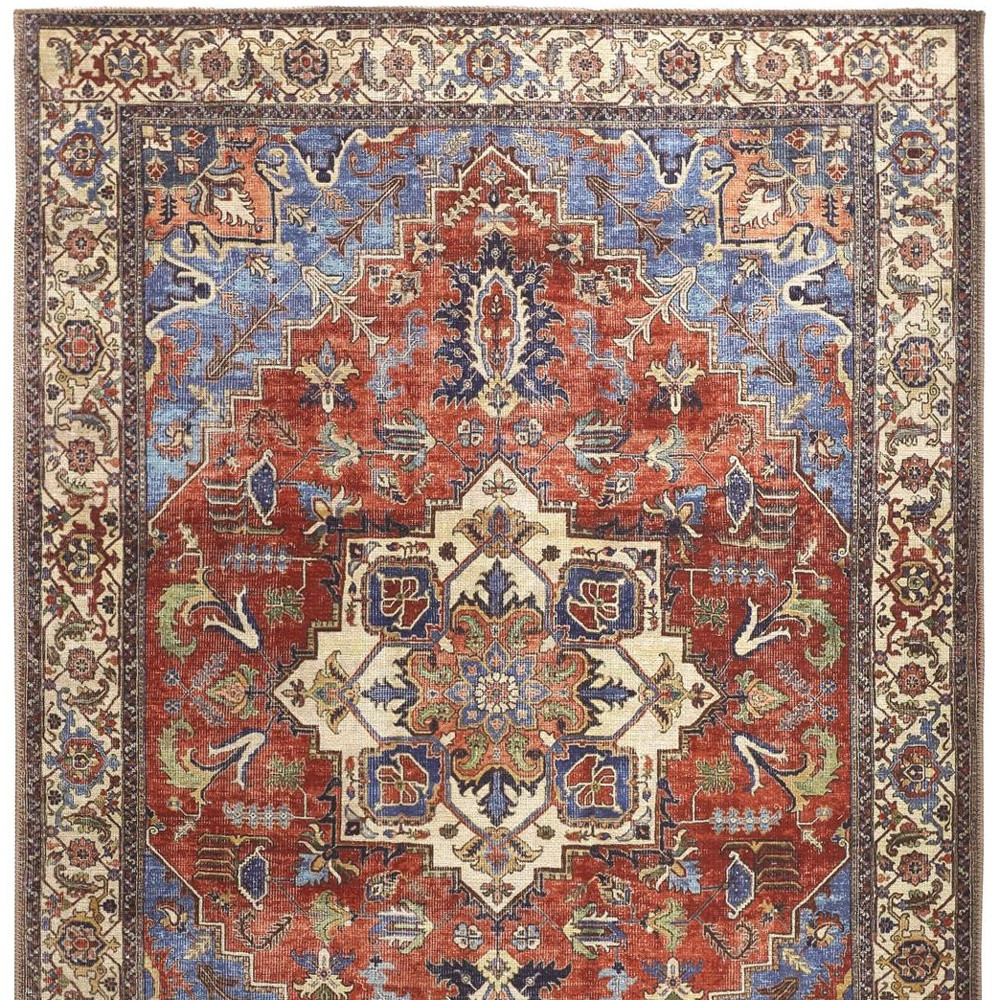 9" X 12" Blue Red And Ivory Floral Area Rug