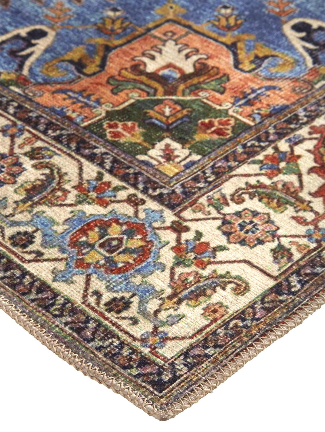 9" X 12" Blue Red And Ivory Floral Area Rug