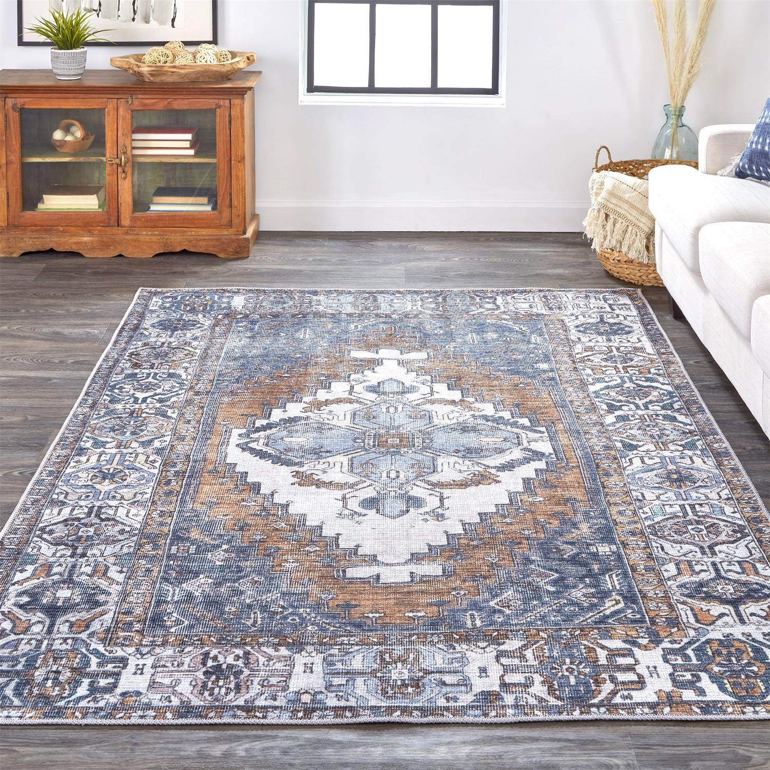 5" X 8" Blue Ivory And Brown Floral Area Rug