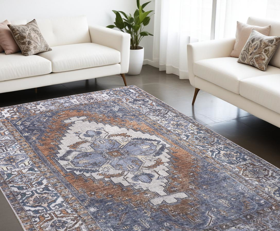 8" X 10" Blue Ivory And Brown Floral Area Rug