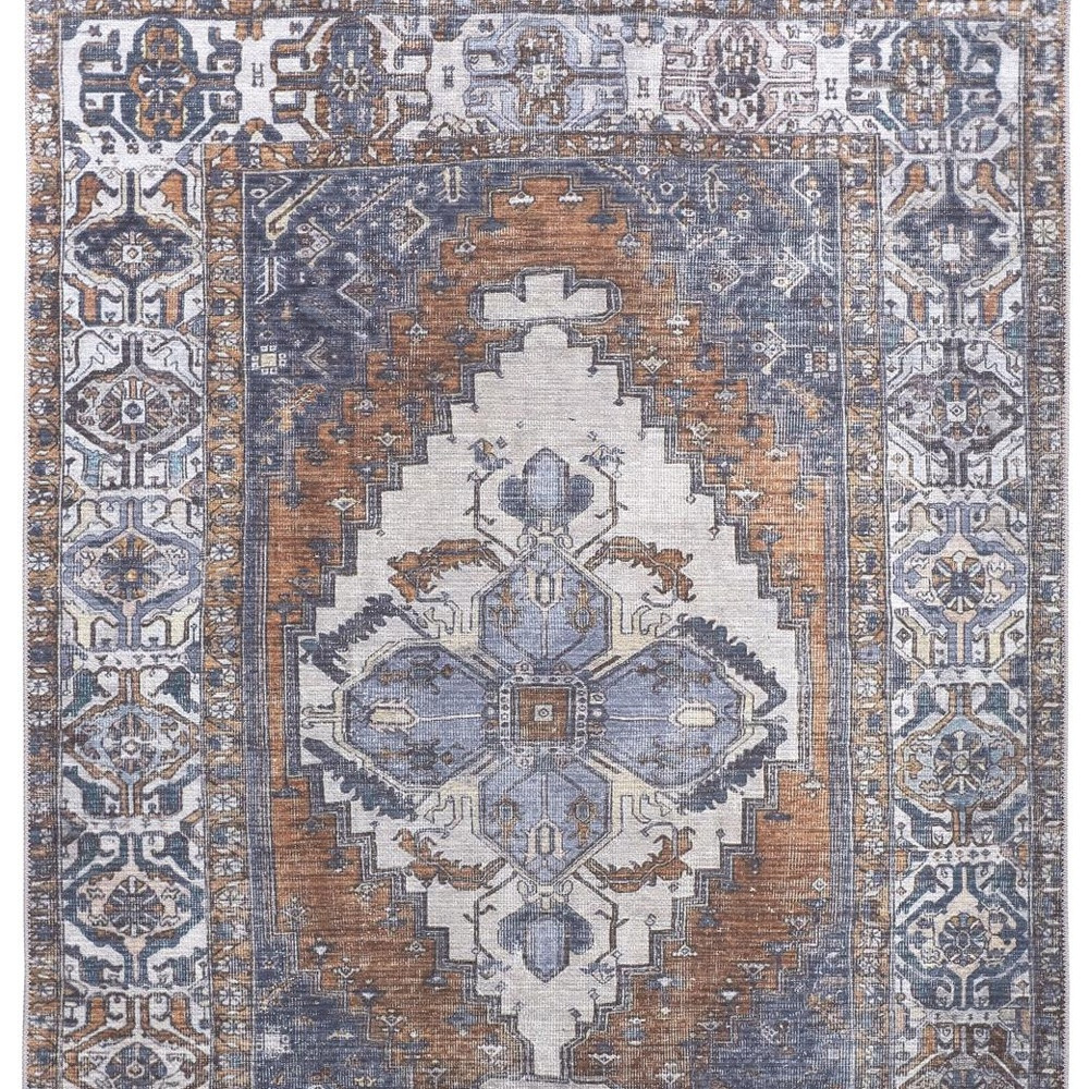9" X 12" Blue Ivory And Brown Floral Area Rug